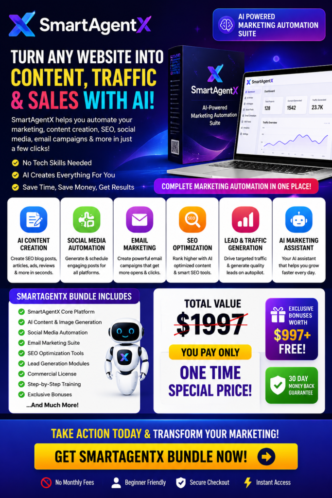 SmartAgentX Bundle AI marketing automation platform dashboard with content creation, SEO optimization, email marketing, social media automation and lead generation tools.