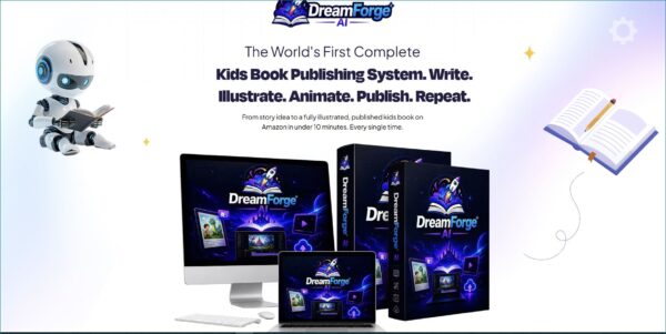 DreamForge AI Review 2026 showing AI software that creates illustrated children's books, YouTube Kids videos, and Amazon KDP-ready books automatically.