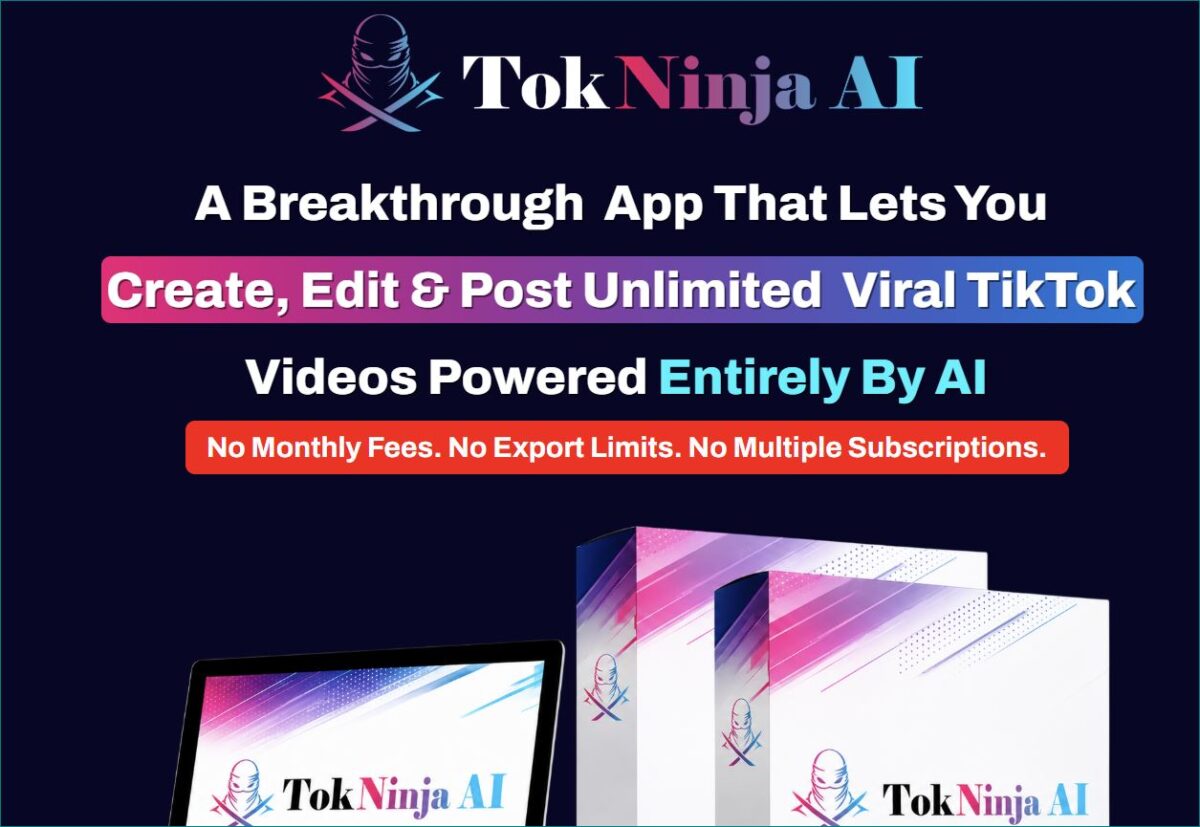 TokNinja AI Review 2026 showing AI software that creates, edits, and publishes viral TikTok videos automatically.