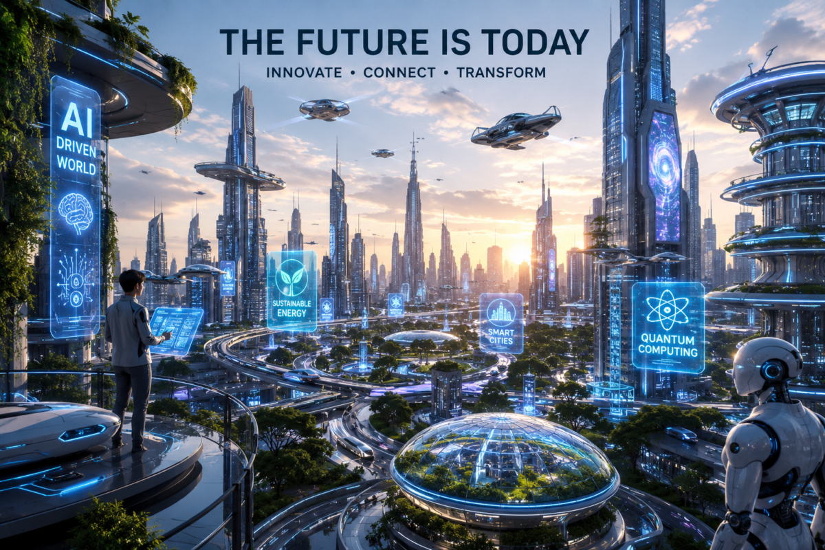 Futuristic AI advertising platform concept showing a smart city with AI-powered digital marketing, automated ad creation, and next-generation advertising technology.