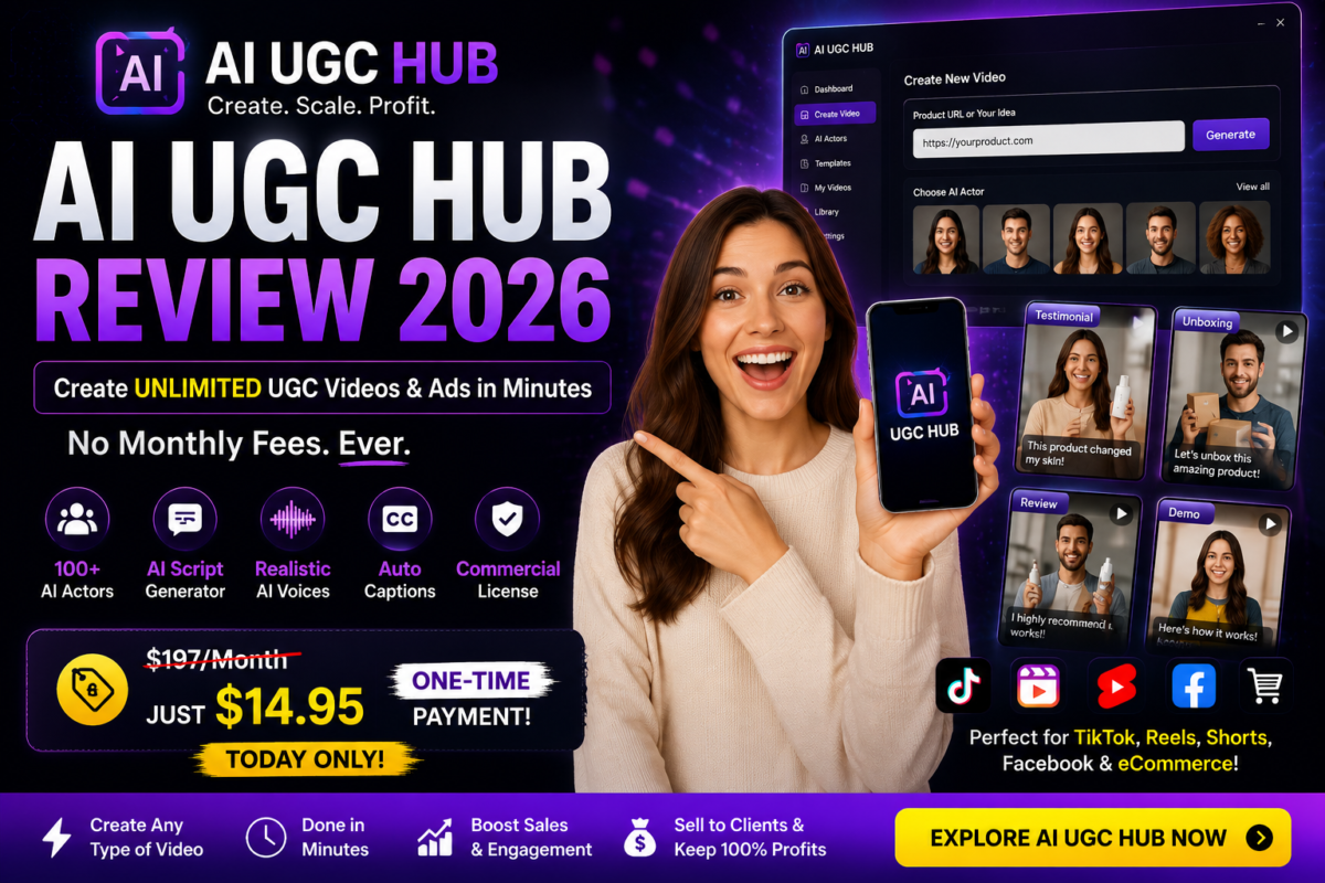 AI UGC Hub Review 2026 hero image featuring AI UGC video creation software with realistic AI actors.
