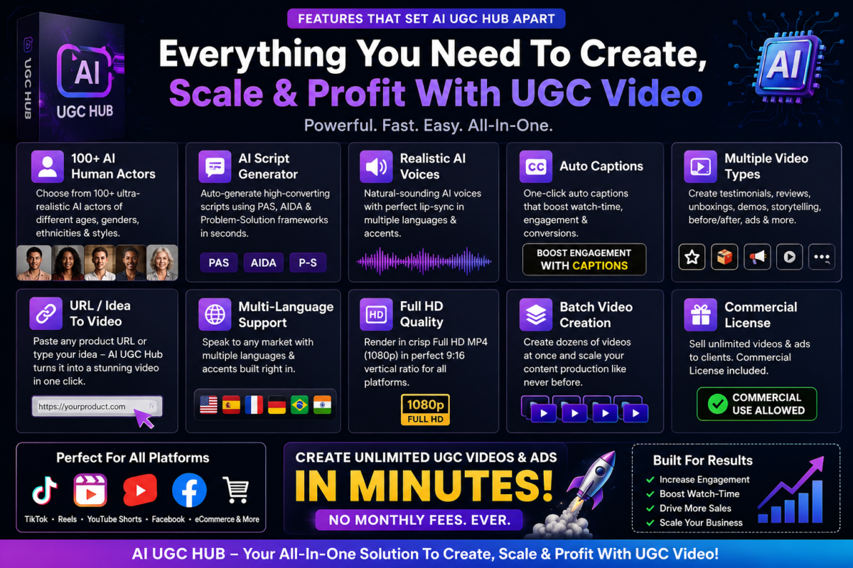AI UGC Hub Review 2026 hero image showing AI-powered UGC video creator with realistic AI actors, commercial license, and unlimited video creation features.