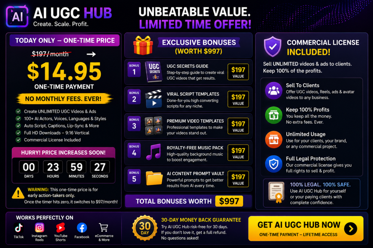 AI UGC Hub Review 2026 featured image highlighting AI UGC videos, commercial rights, and unlimited video creation.
