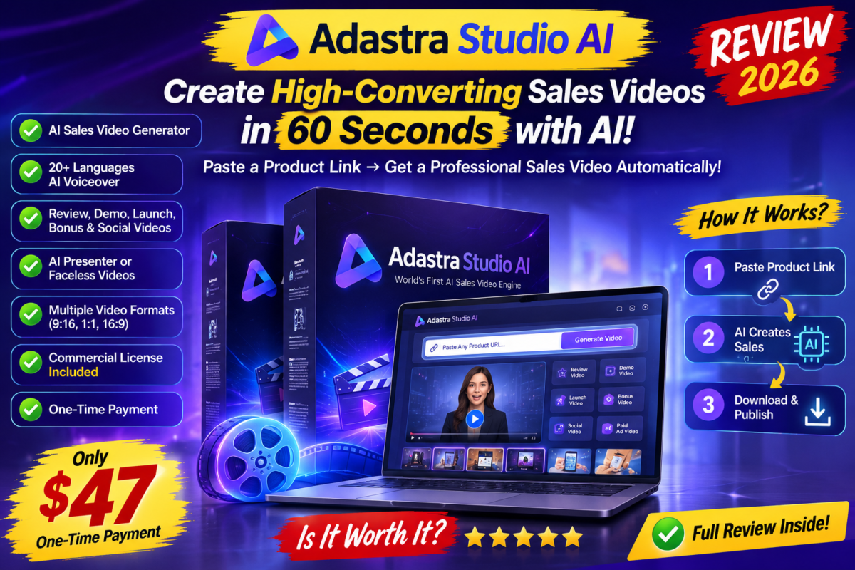 Adastra Studio AI Review 2026 showing the AI sales video generator dashboard, commercial license, pricing, and features for affiliate marketers.