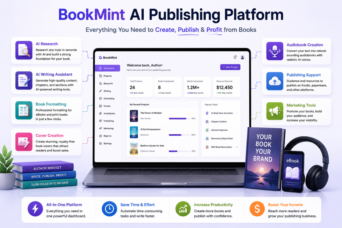 BookMint AI publishing platform features for ebooks and audiobooks