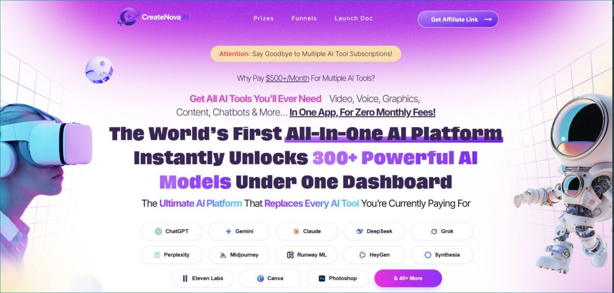 CreateNova AI Review 2026 dashboard with 300+ AI models for video, writing, graphics, and content creation