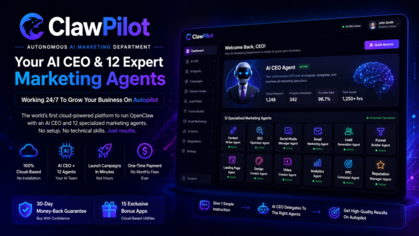 ClawPilot AI dashboard featuring an AI CEO and 12 specialized marketing agents for cloud-based marketing automation in 2026.