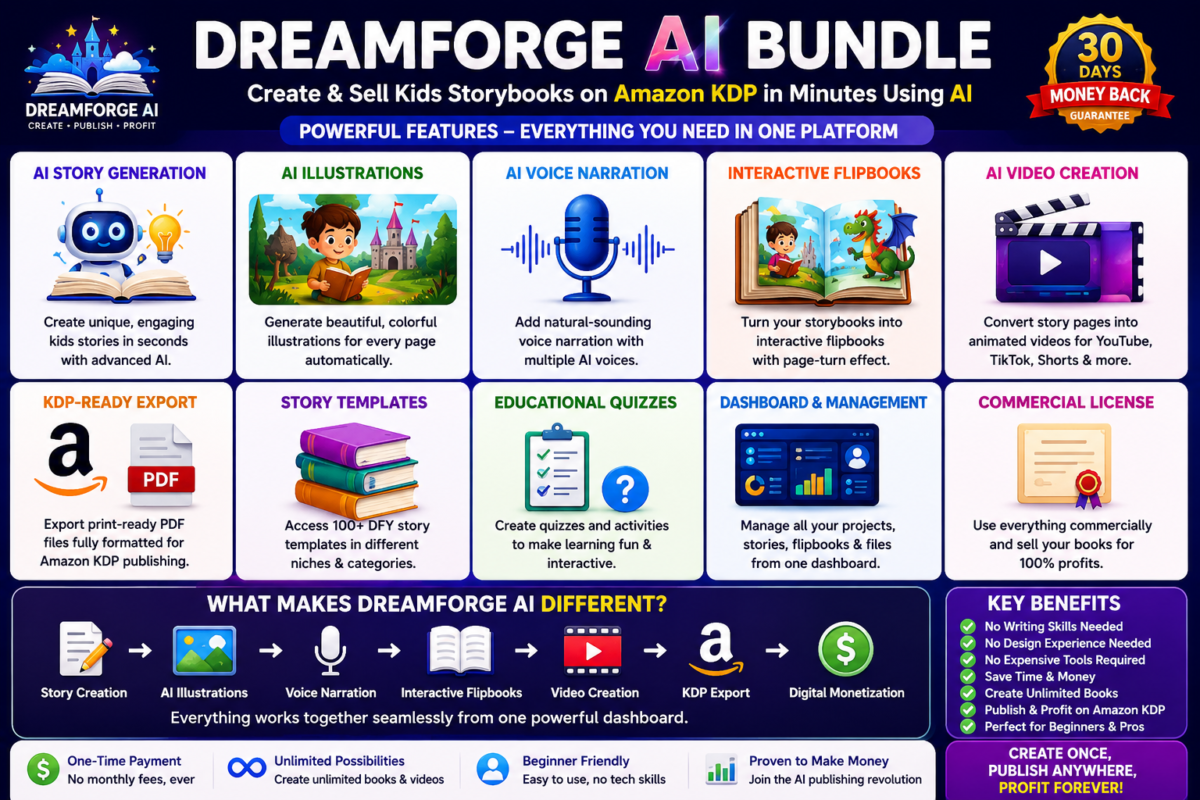 DreamForge AI Bundle Review 2026 showing AI storybook creator, KDP publishing tools, commercial license, and video creation features.