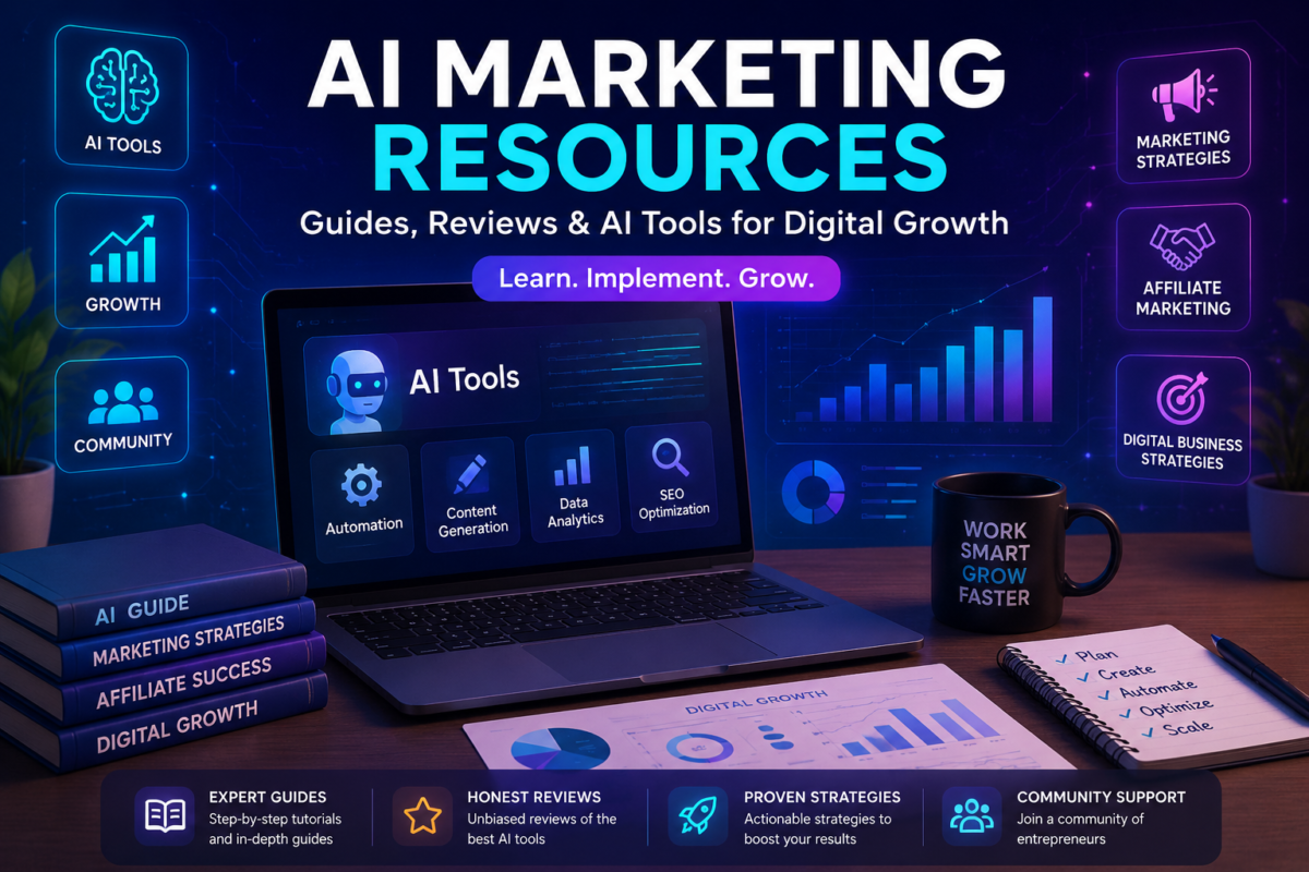 AI Marketing Resources featuring AI tools, affiliate marketing, SEO, and digital business strategies