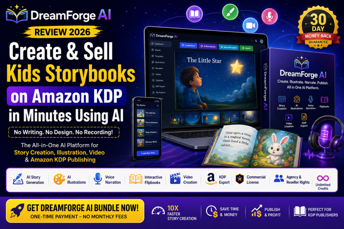 DreamForge AI Bundle Review 2026 hero image showcasing AI storybook creator, Amazon KDP publishing tools, AI illustrations, video generation, and commercial license