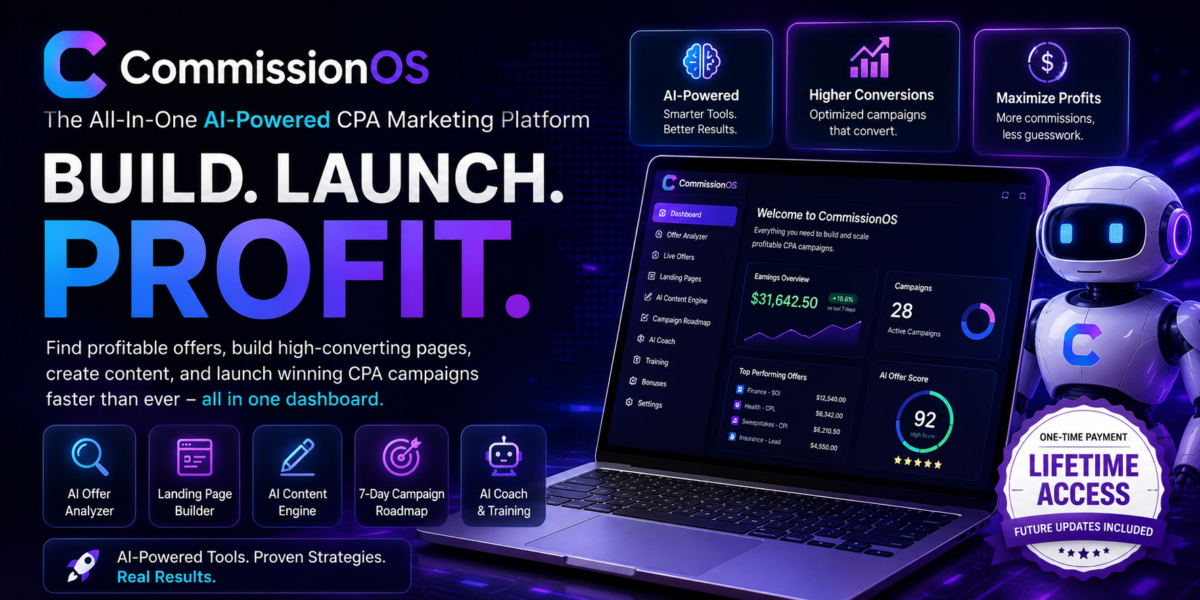 CommissionOS Review 2026 hero image showing the AI-powered CPA marketing platform with offer analyzer, landing page builder, AI content engine, and campaign dashboard.