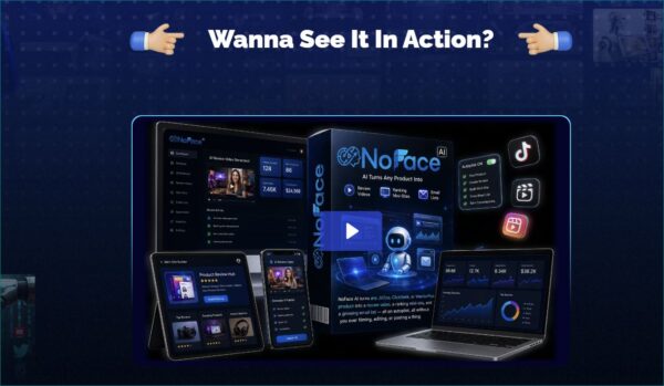NOFace AI Review 2026 showing AI-powered faceless video creator, affiliate marketing tools, website builder, and review automation dashboard.