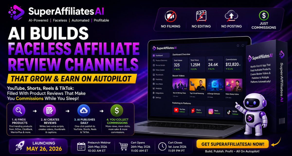 SuperAffiliatesAI Review 2026 showing an AI-powered affiliate review channel builder for creating faceless YouTube, Shorts, Reels, and TikTok review videos automatically.