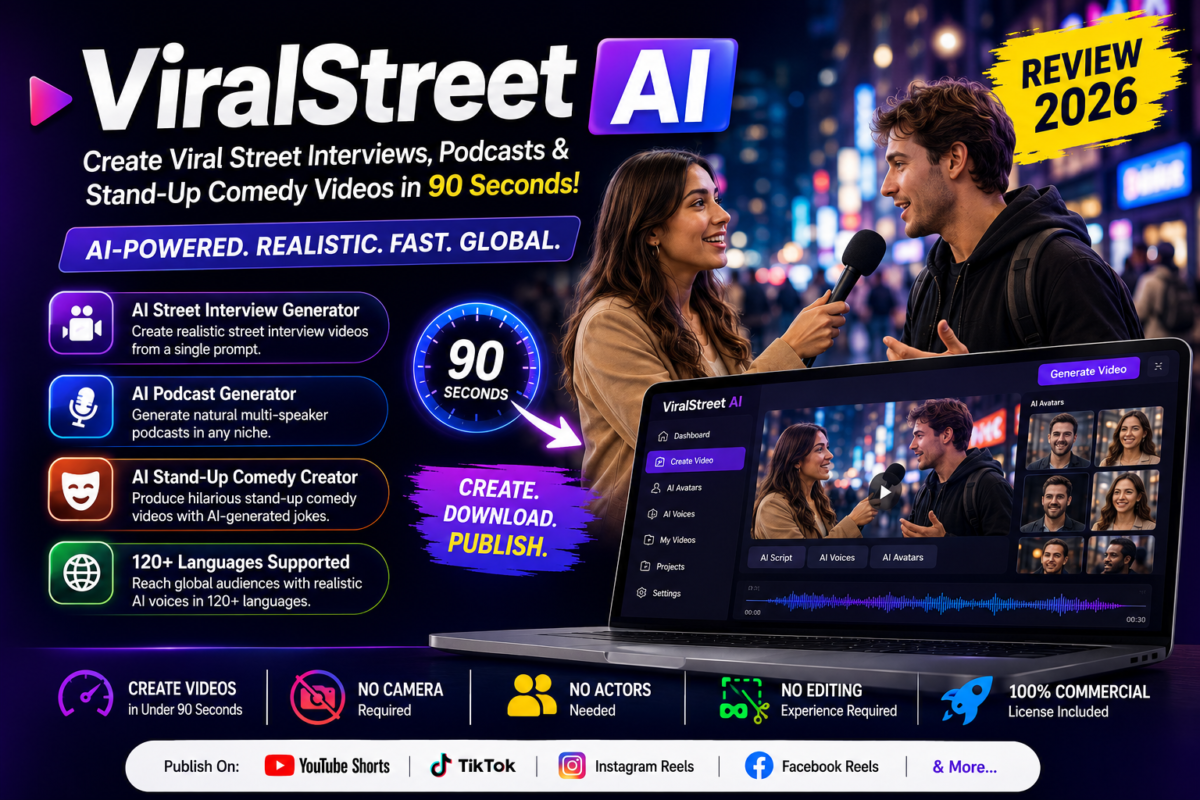 Futuristic AI video creator concept showing realistic AI avatars, street interviews, podcasts, and short-form video generation for ViralStreet AI Review 2026.